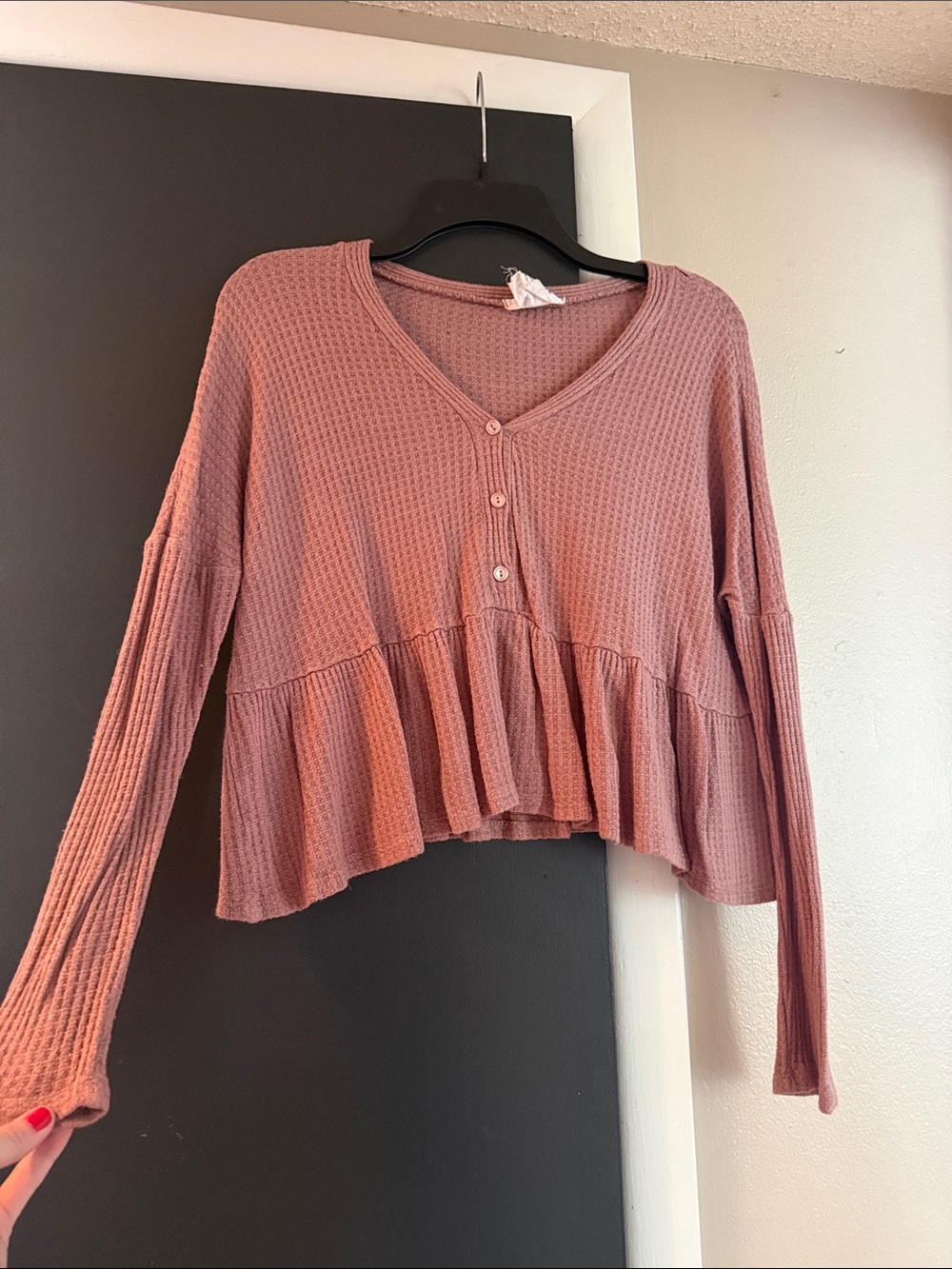 Sadie & Sage Dusty Rose Waffle Knit Ruffle Hem Long Sleeve Top